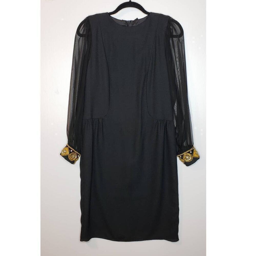 VTG Ursula Switzerland Petite Black Sheer Long Sleeve Gold Beaded Cocktail Dress